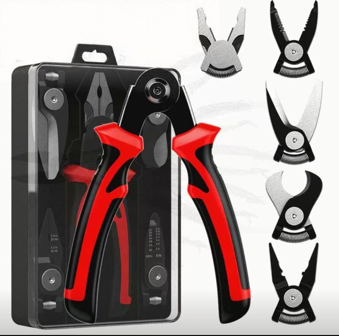 Multi-functional interchangeable head pliers set, one-to-five multi-use wire stripping pliers, combination pliers, multi-head pliers collection, electrician tool kit.
