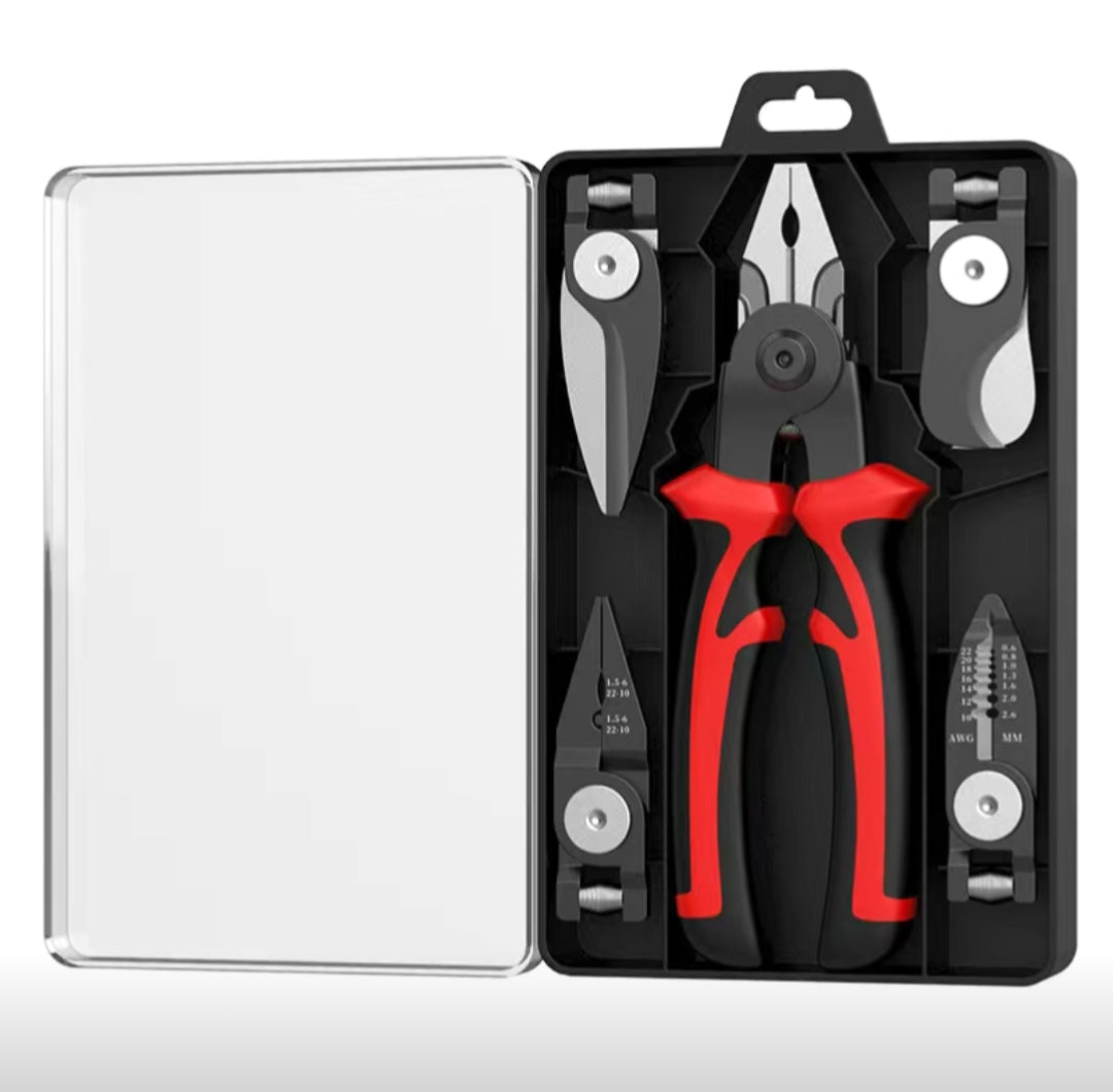Multi-functional interchangeable head pliers set, one-to-five multi-use wire stripping pliers, combination pliers, multi-head pliers collection, electrician tool kit.