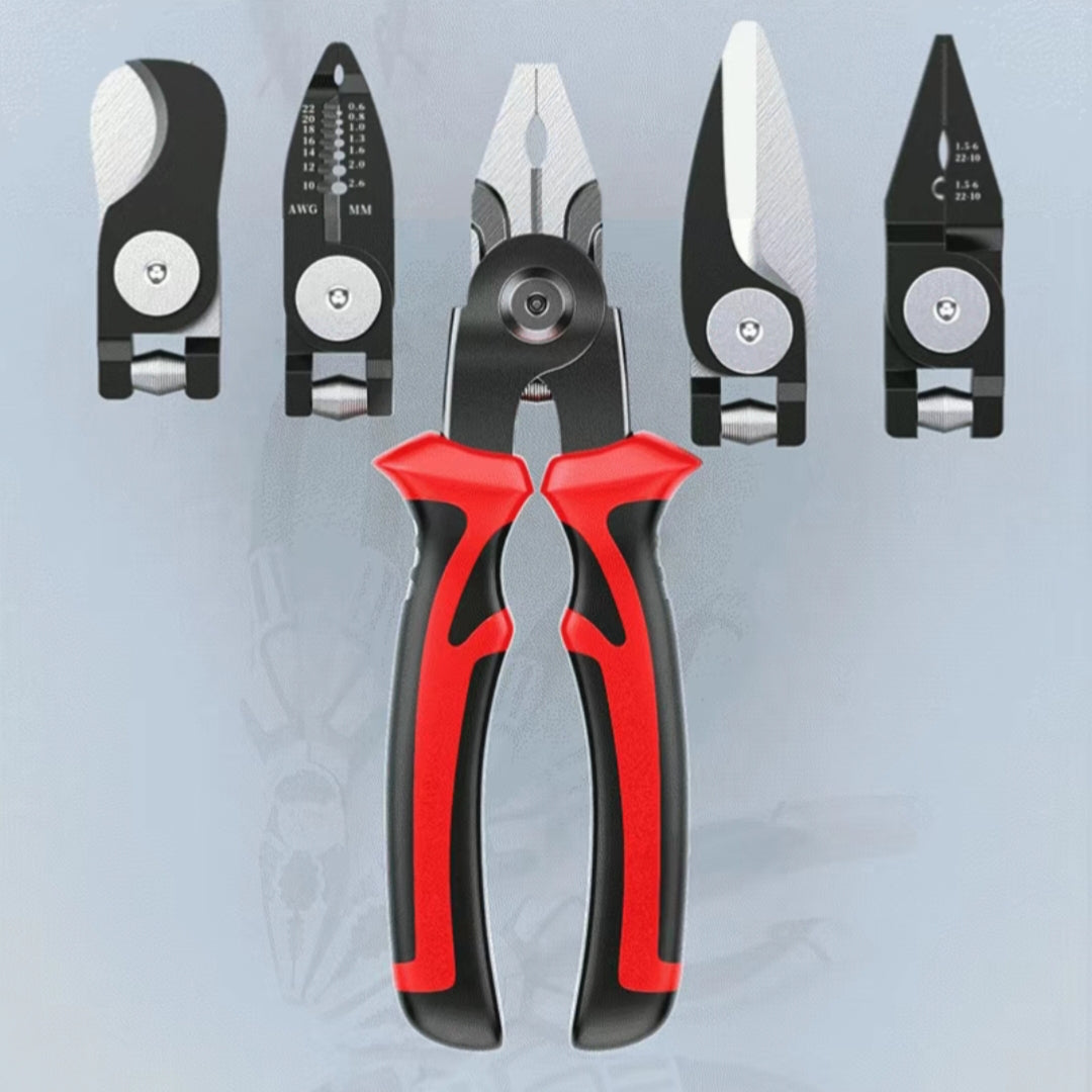 Multi-functional interchangeable head pliers set, one-to-five multi-use wire stripping pliers, combination pliers, multi-head pliers collection, electrician tool kit.