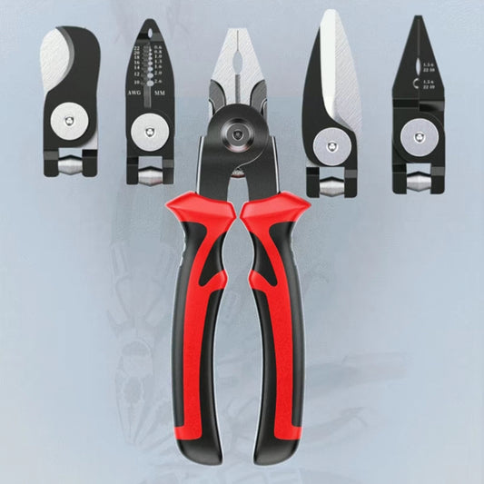 Multi-functional interchangeable head pliers set, one-to-five multi-use wire stripping pliers, combination pliers, multi-head pliers collection, electrician tool kit.