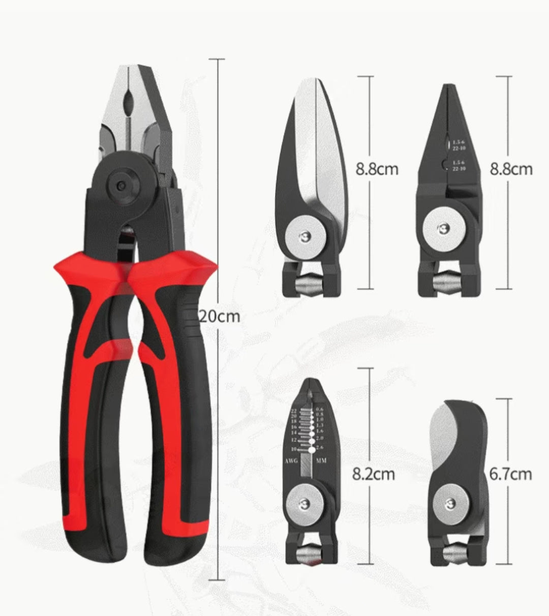 Multi-functional interchangeable head pliers set, one-to-five multi-use wire stripping pliers, combination pliers, multi-head pliers collection, electrician tool kit.